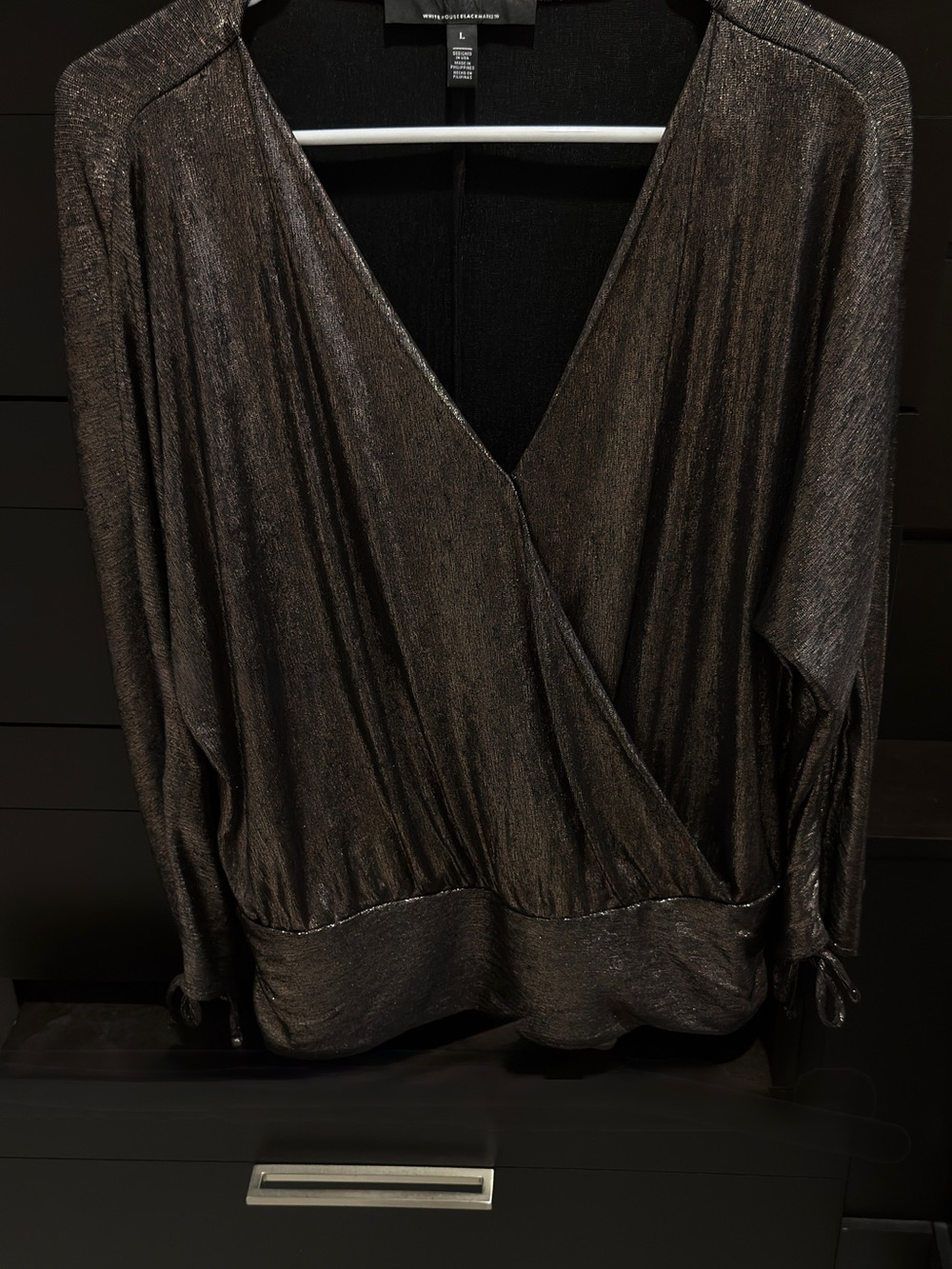WHBM Metallic Surplice Cross Front Shirt Large Color- Metallic Desert Tan